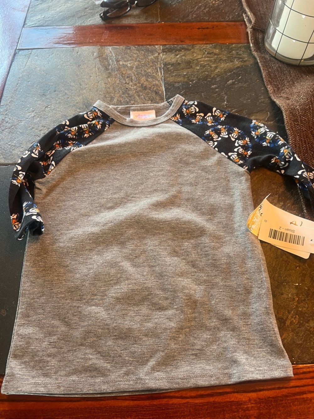 LuLaRoe Kids Gray Raglan Tee with Navy Donald Duck Sleeves